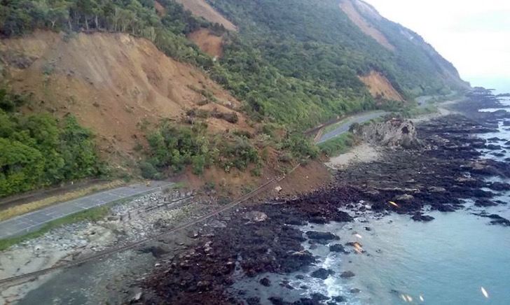 A handout photo taken and received on November 14, 2016, show earthquake damage to State Highway One near Ohau Point on the South Island's east coast. A powerful 7.8-magnitude earthquake killed two people and caused massive infrastructure damage in New Zealand, but officials said they were optimistic the death toll would not rise further. The jolt, one of the most powerful ever recorded in the quake-prone South Pacific nation, hit just after midnight near the South Island coastal town of Kaikoura. / AFP PHOTO / NEW ZEALAND TRANSPORT AGENCY / STRSTR/AFP/Getty Images